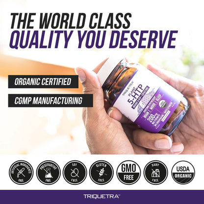 Organic 5-HTP - 200 mg | 99% 5HTP Concentration, Plus Cofactor Vitamin B6 & Lion’s Mane | Water Extracted from Organic Griffonia Seeds | Supports Mood - Maple Wellness Supplements