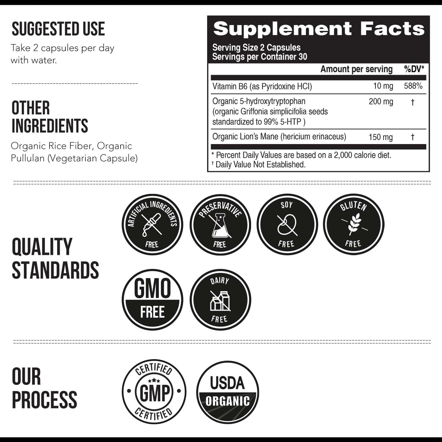 Organic 5-HTP - 200 mg | 99% 5HTP Concentration, Plus Cofactor Vitamin B6 & Lion’s Mane | Water Extracted from Organic Griffonia Seeds | Supports Mood - Maple Wellness Supplements