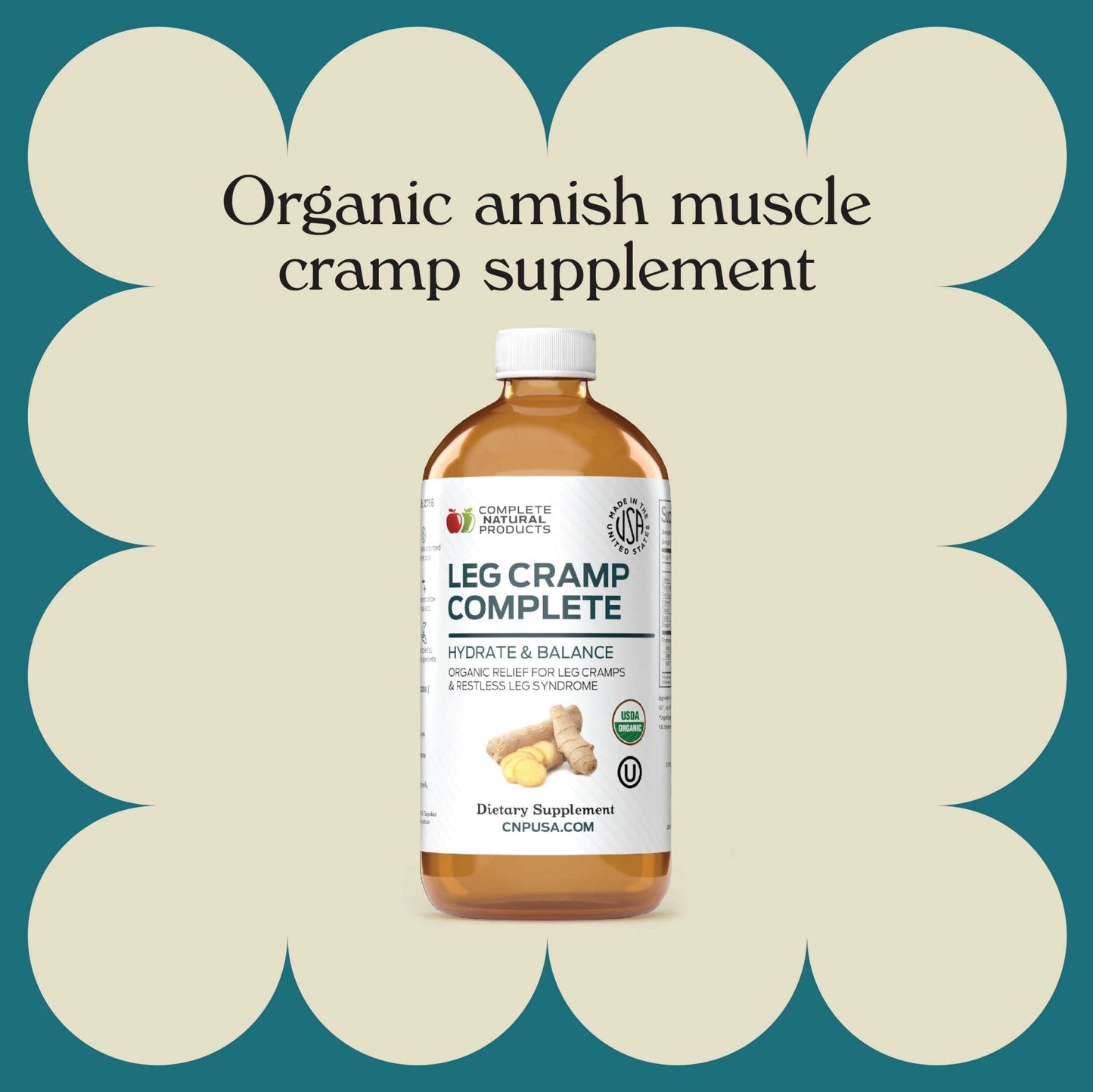 Organic Amish Leg Cramp Relief Liquid 16oz - Natural Muscle and Foot Support Supplement with Apple Cider Vinegar, Ginger, Garlic, Aloe, Fast Cramp Reducing Formula, Certified Organic, Made in USA - Maple Wellness Supplements