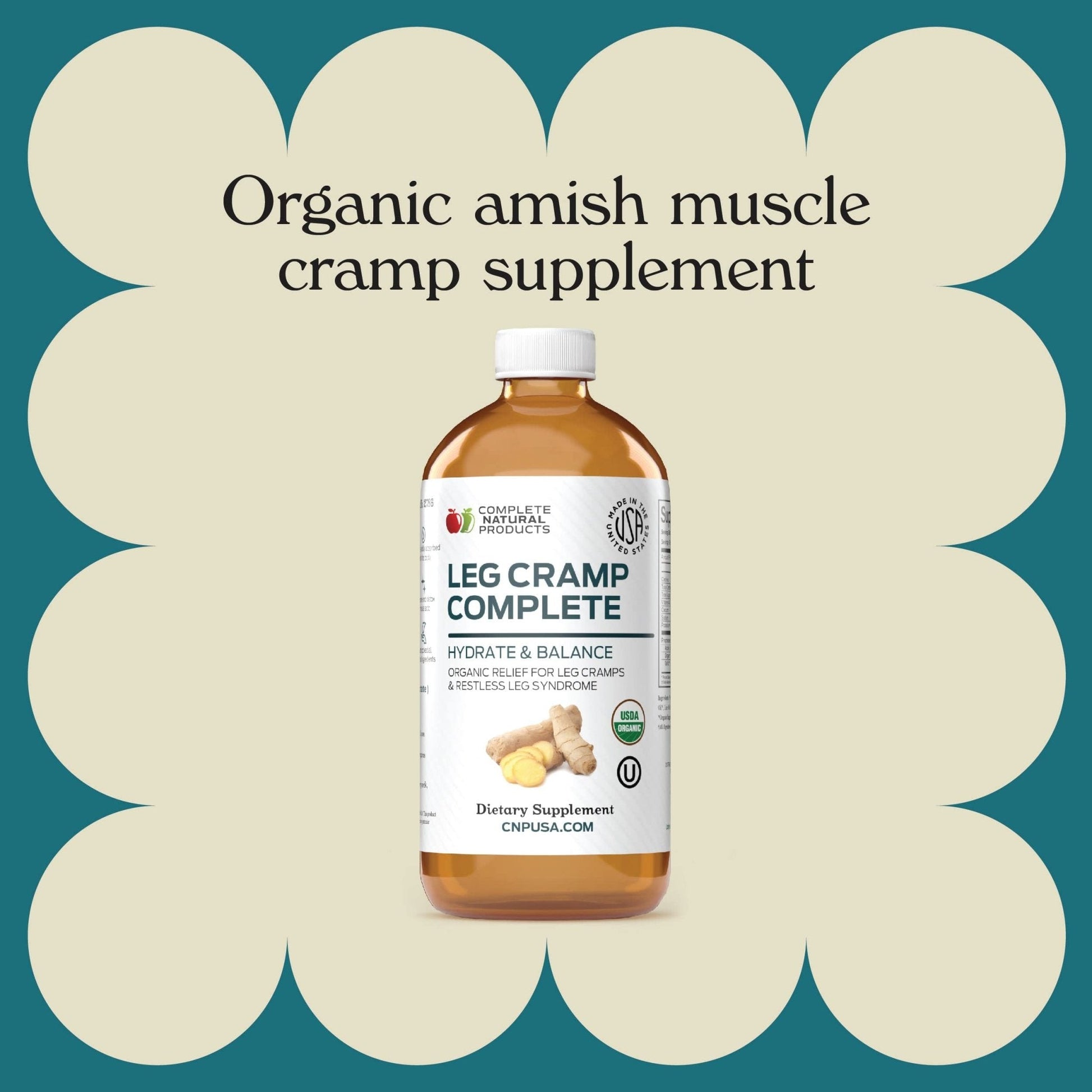 Organic Amish Leg Cramp Relief Liquid 16oz - Natural Muscle and Foot Support Supplement with Apple Cider Vinegar, Ginger, Garlic, Aloe, Fast Cramp Reducing Formula, Certified Organic, Made in USA - Maple Wellness Supplements