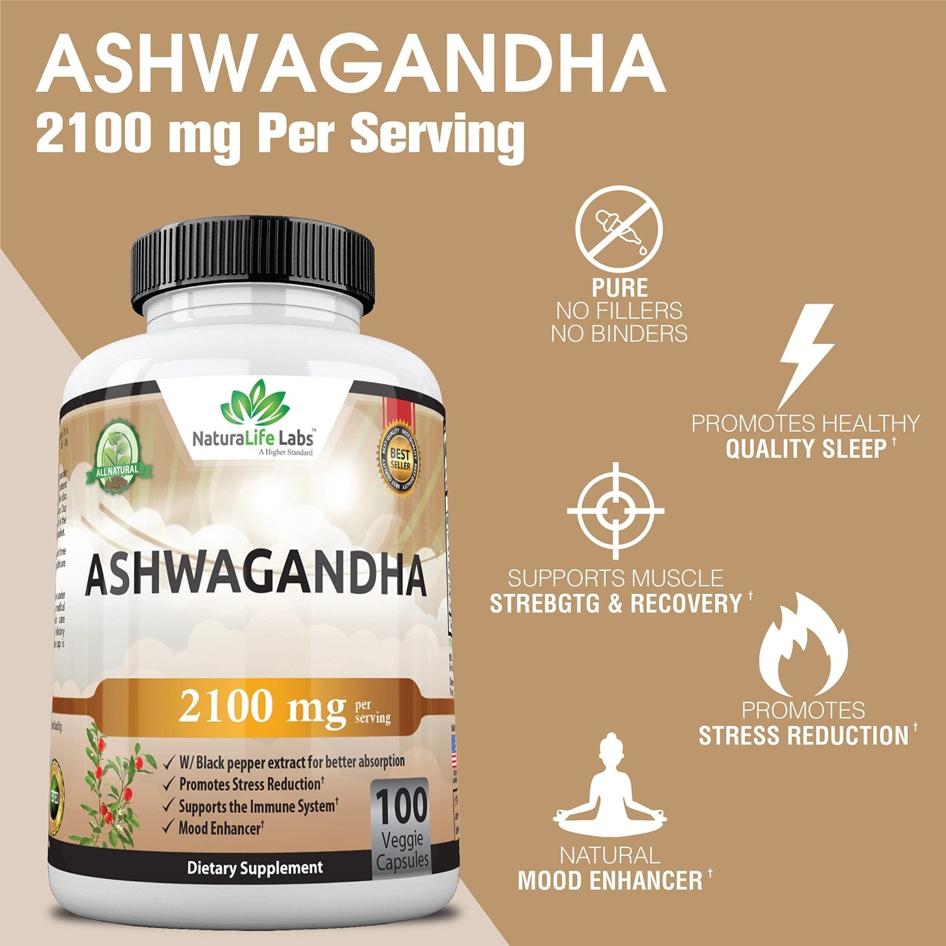 Organic Ashwagandha 2,100 mg - 100 Vegan Capsules Pure Organic Ashwagandha Powder - Maple Wellness Supplements