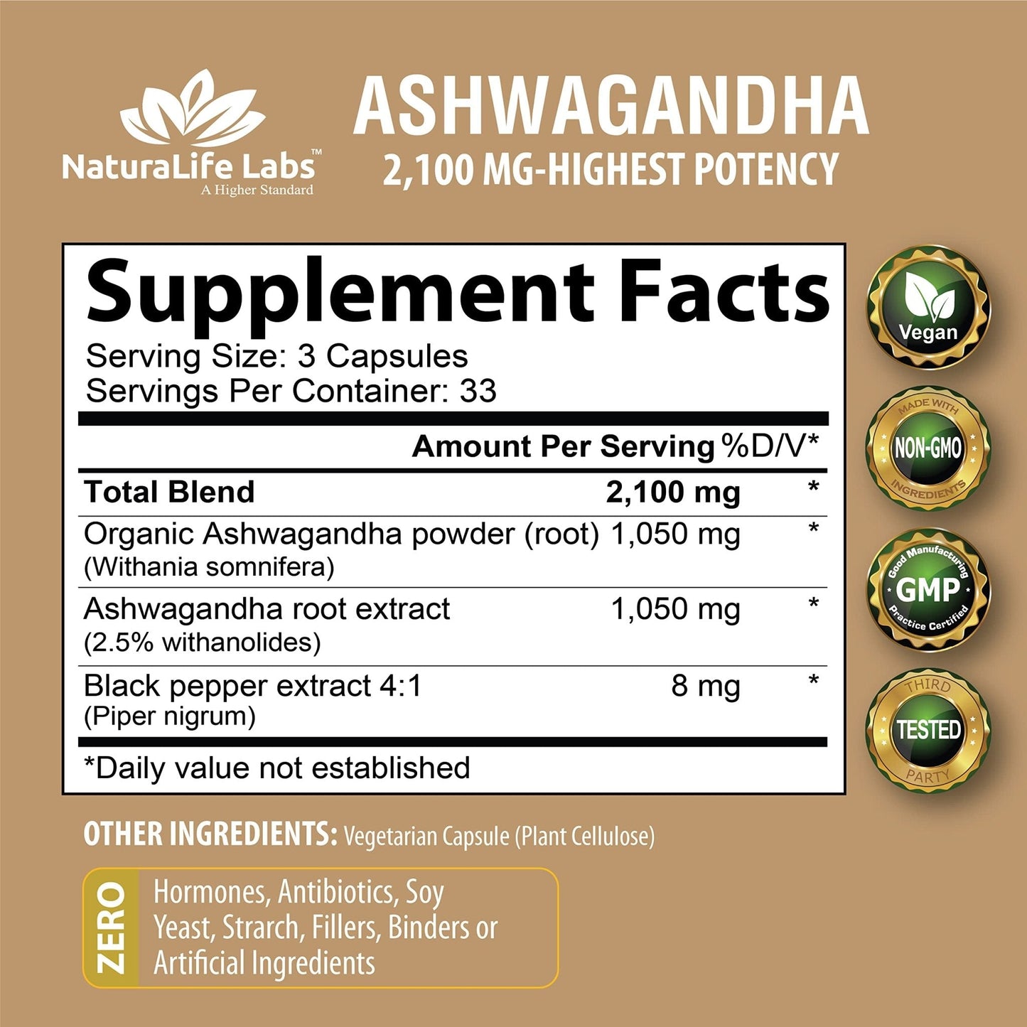 Organic Ashwagandha 2,100 mg - 100 Vegan Capsules Pure Organic Ashwagandha Powder - Maple Wellness Supplements