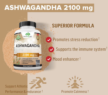 Organic Ashwagandha 2,100 mg - 100 Vegan Capsules Pure Organic Ashwagandha Powder - Maple Wellness Supplements
