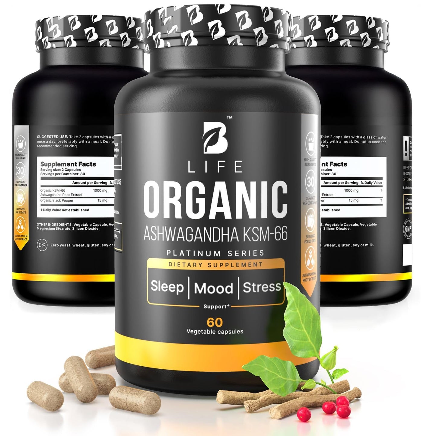Organic Ashwagandha KSM-66 1000 mg Supplement | Adaptogen for Cortisol Support & Stress Relief | Mood, Calm & Sleep Aid for Men & Women | Ashwagandha ritual vitamins for women | 60 Vegan Caps - Maple Wellness Supplements