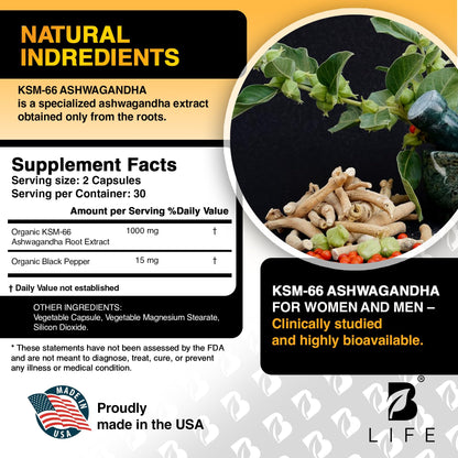 Organic Ashwagandha KSM-66 1000 mg Supplement | Adaptogen for Cortisol Support & Stress Relief | Mood, Calm & Sleep Aid for Men & Women | Ashwagandha ritual vitamins for women | 60 Vegan Caps - Maple Wellness Supplements