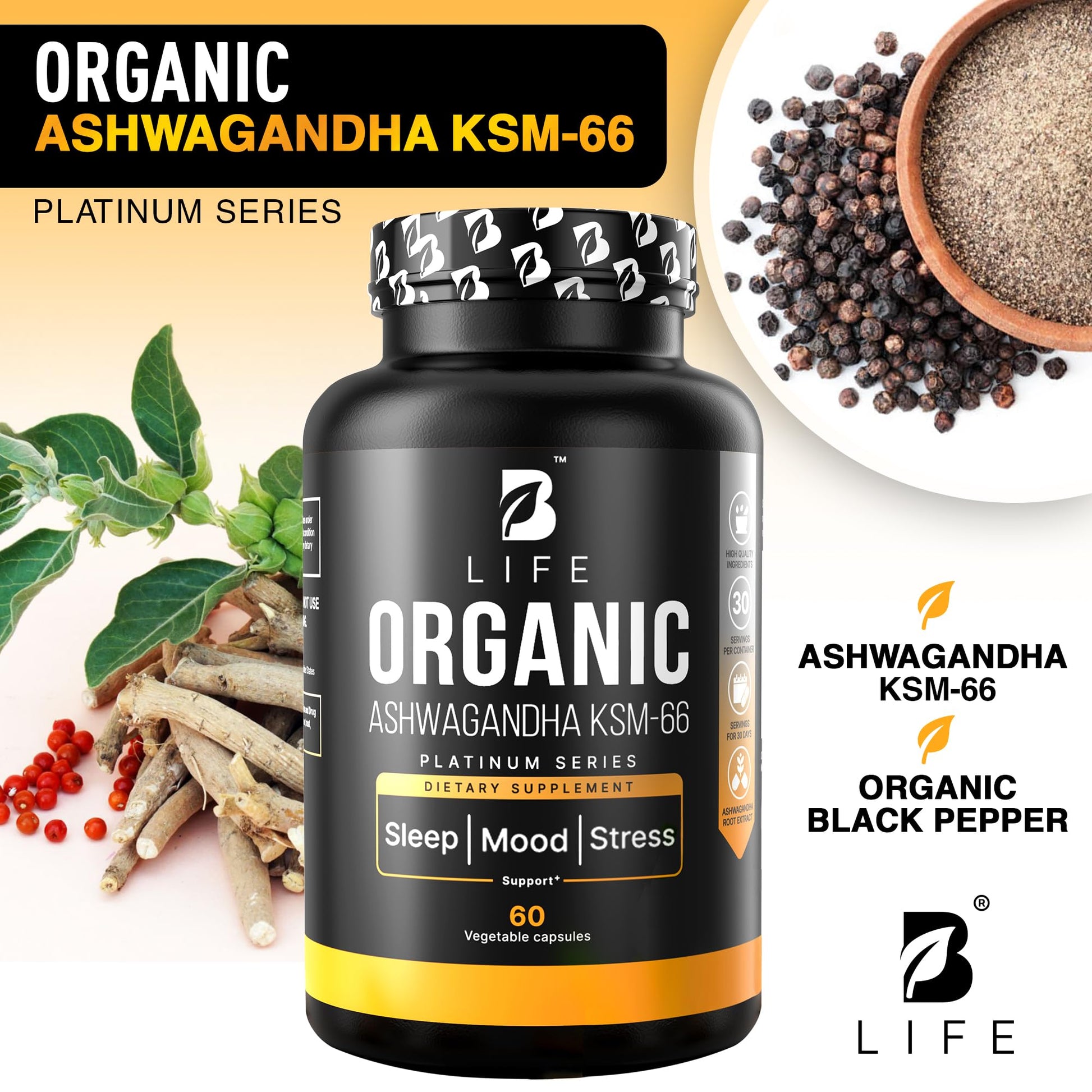 Organic Ashwagandha KSM-66 1000 mg Supplement | Adaptogen for Cortisol Support & Stress Relief | Mood, Calm & Sleep Aid for Men & Women | Ashwagandha ritual vitamins for women | 60 Vegan Caps - Maple Wellness Supplements