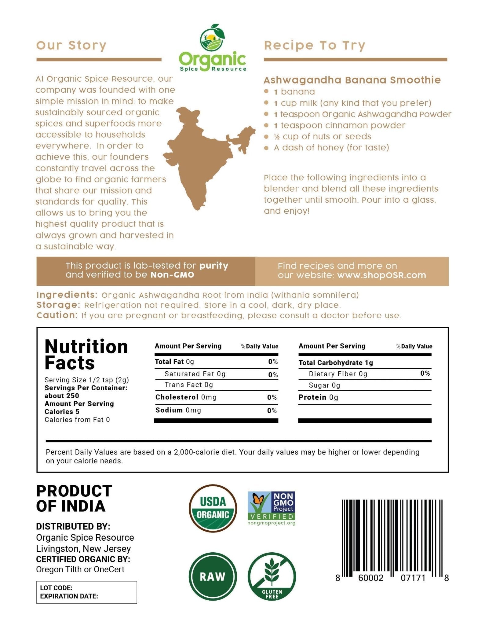 Organic Ashwagandha Root Powder - 1.10 lbs (17.64 oz) | Resealable Kraft Bag,Non-GMO, Indian Ginseng, Withania Somnifera -100% Raw from India, by SHOPOSR - Maple Wellness Supplements