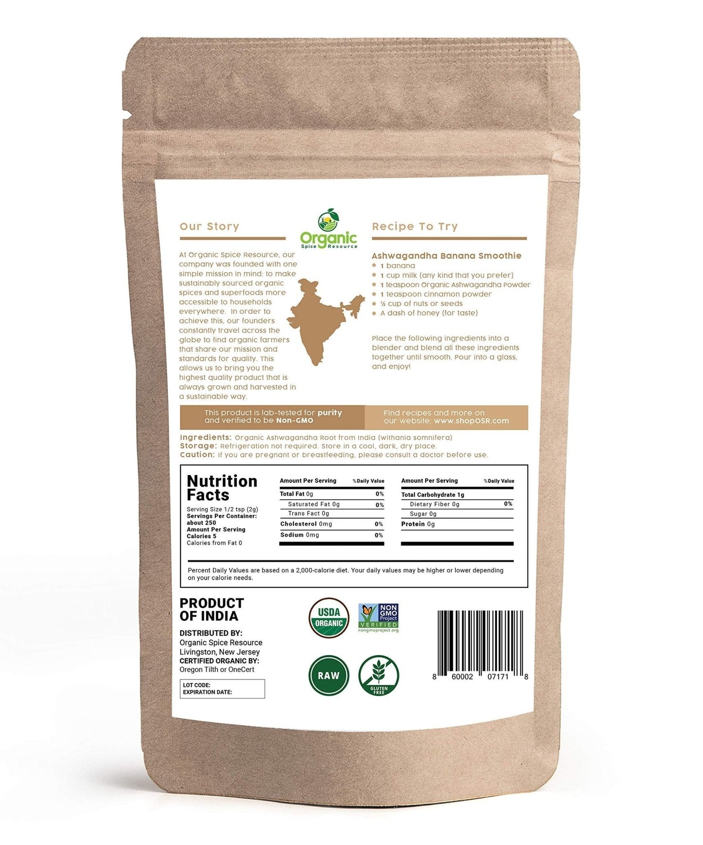 Organic Ashwagandha Root Powder - 1.10 lbs (17.64 oz) | Resealable Kraft Bag,Non-GMO, Indian Ginseng, Withania Somnifera -100% Raw from India, by SHOPOSR - Maple Wellness Supplements