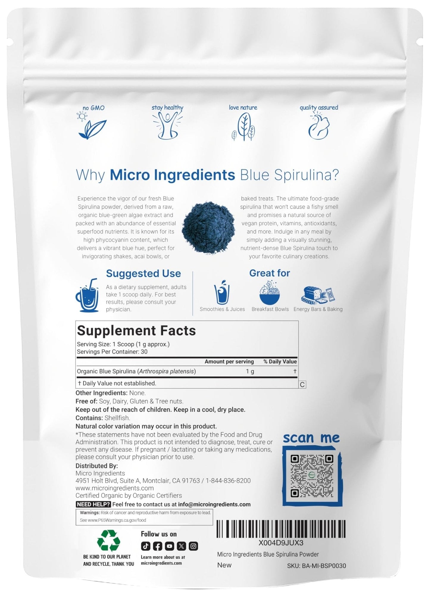 Organic Blue Spirulina Powder (Phycocyanin Extract), 30 Servings - No Fishy Smell, 100% Vegan Protein from Blue-Green Algae, Natural Luminous Food - Maple Wellness Supplements