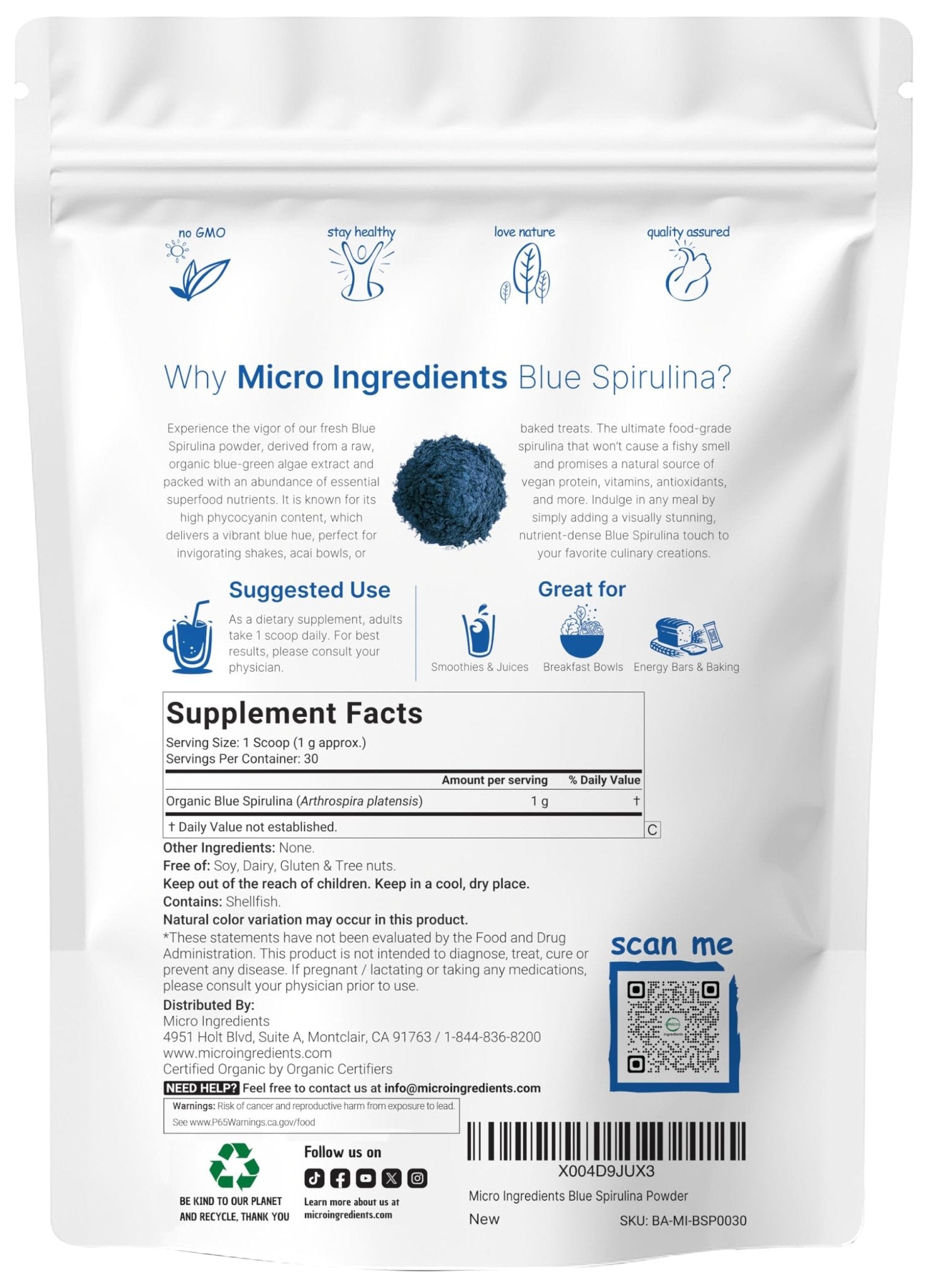Organic Blue Spirulina Powder (Phycocyanin Extract), 30 Servings - No Fishy Smell, 100% Vegan Protein from Blue-Green Algae, Natural Luminous Food - Maple Wellness Supplements