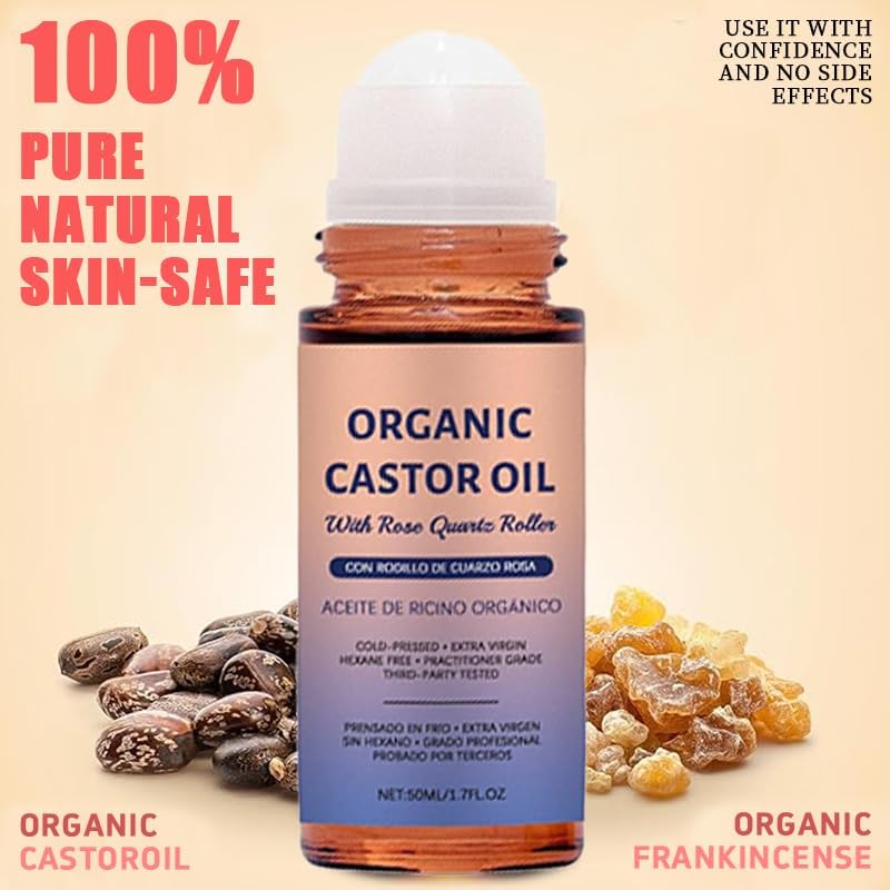 Organic Castor Oil with Rose Quartz Roller, Cold-Pressed Pure Organic Castor Oil Roller Ball for Hair Growth, Eyelashes, Eyebrows & Skin, 1.7 fl oz(1) - Maple Wellness Supplements