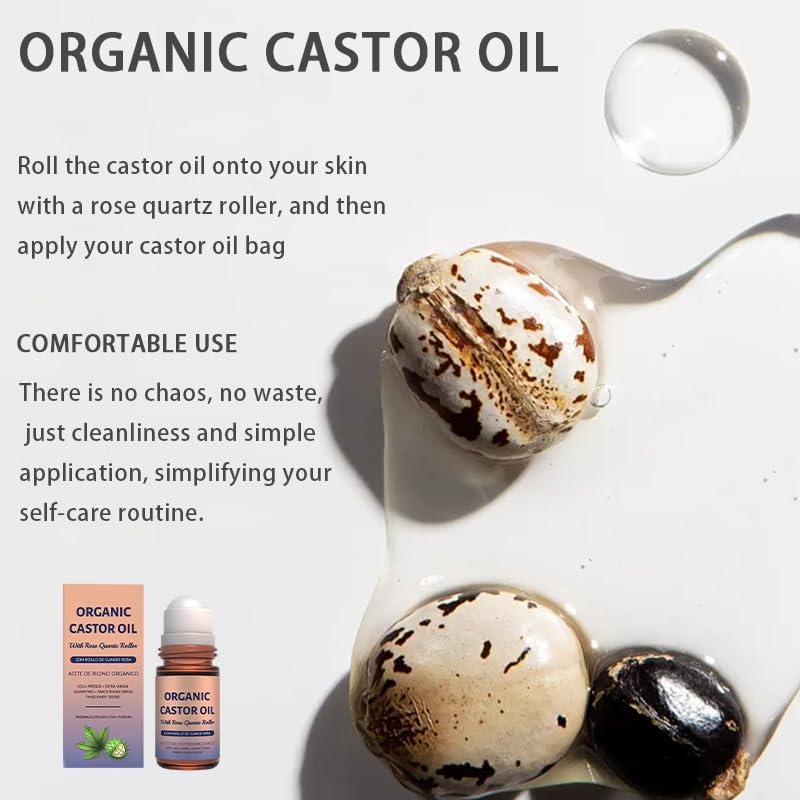 Organic Castor Oil with Rose Quartz Roller, Cold-Pressed Pure Organic Castor Oil Roller Ball for Hair Growth, Eyelashes, Eyebrows & Skin, 1.7 fl oz(1) - Maple Wellness Supplements