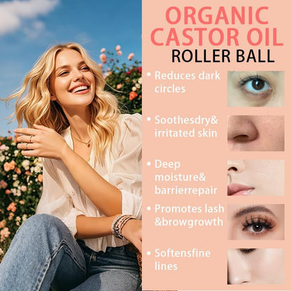 Organic Castor Oil with Rose Quartz Roller, Cold-Pressed Pure Organic Castor Oil Roller Ball for Hair Growth, Eyelashes, Eyebrows & Skin, 1.7 fl oz(1) - Maple Wellness Supplements