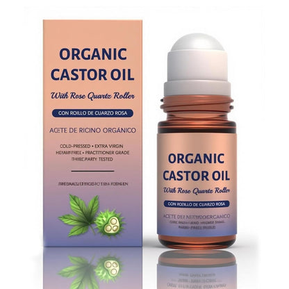 Organic Castor Oil with Rose Quartz Roller, Cold-Pressed Pure Organic Castor Oil Roller Ball for Hair Growth, Eyelashes, Eyebrows & Skin, 1.7 fl oz(1) - Maple Wellness Supplements