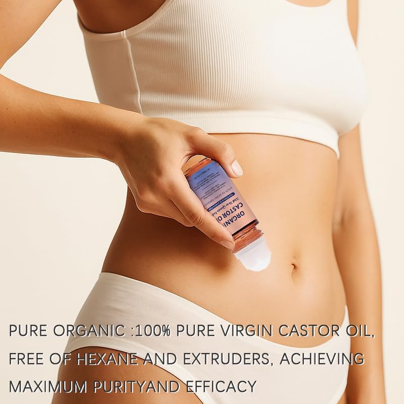 Organic Castor Oil with Rose Quartz Roller, Cold-Pressed Pure Organic Castor Oil Roller Ball for Hair Growth, Eyelashes, Eyebrows & Skin, 1.7 fl oz(1) - Maple Wellness Supplements
