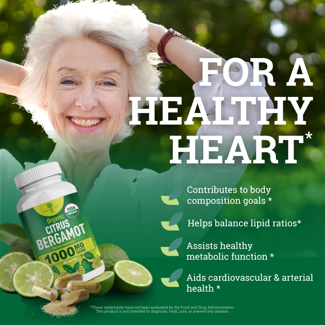 Organic Citrus Bergamot Supplement - Only USDA, Cardiologist Formulated with 200+ Scientific Studies -1000mg - Patented Extract, Heart, Cholesterol, - Maple Wellness Supplements