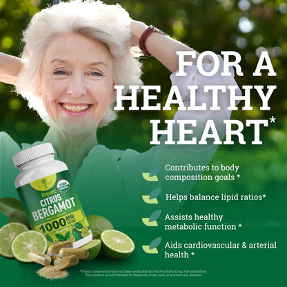 Organic Citrus Bergamot Supplement - Only USDA, Cardiologist Formulated with 200+ Scientific Studies -1000mg - Patented Extract, Heart, Cholesterol, - Maple Wellness Supplements