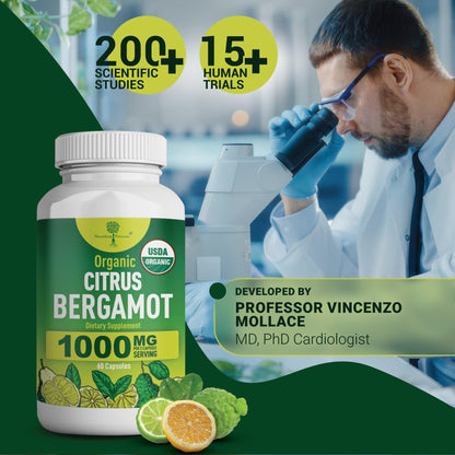 Organic Citrus Bergamot Supplement - Only USDA, Cardiologist Formulated with 200+ Scientific Studies -1000mg - Patented Extract, Heart, Cholesterol, - Maple Wellness Supplements