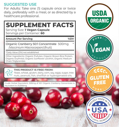 Organic Cranberry Pills - Vegan Supplement for Urinary Tract Health & Kidney Cleanse - Cranberry Pills for Women 500mg 50:1 Cranberry Concentrate Per Serving - Maple Wellness Supplements