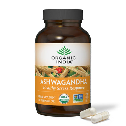 ORGANIC INDIA Ashwagandha Capsules - Organic Ashwagandha Supplement - Vegan Ashwagandha Root, Gluten-Free, Kosher, Non-GMO, Supports Stress Relief, - Maple Wellness Supplements