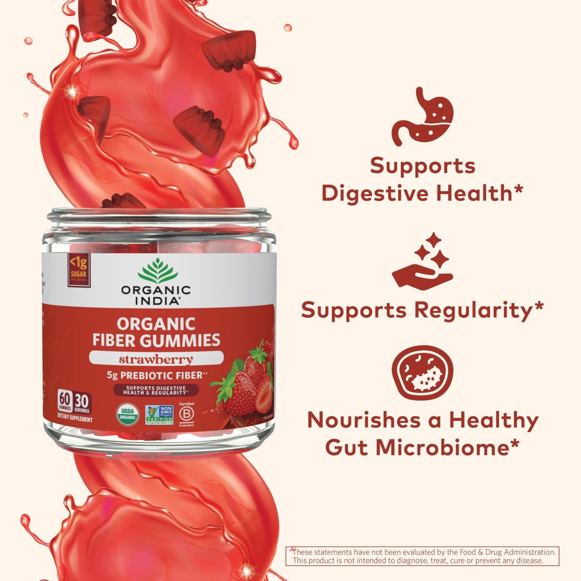ORGANIC INDIA Fiber Gummies for Adults - Prebiotic Fiber, Dietary Supplement, Digestive Health for Men & Women, Vegan, Low Sugar - Maple Wellness Supplements