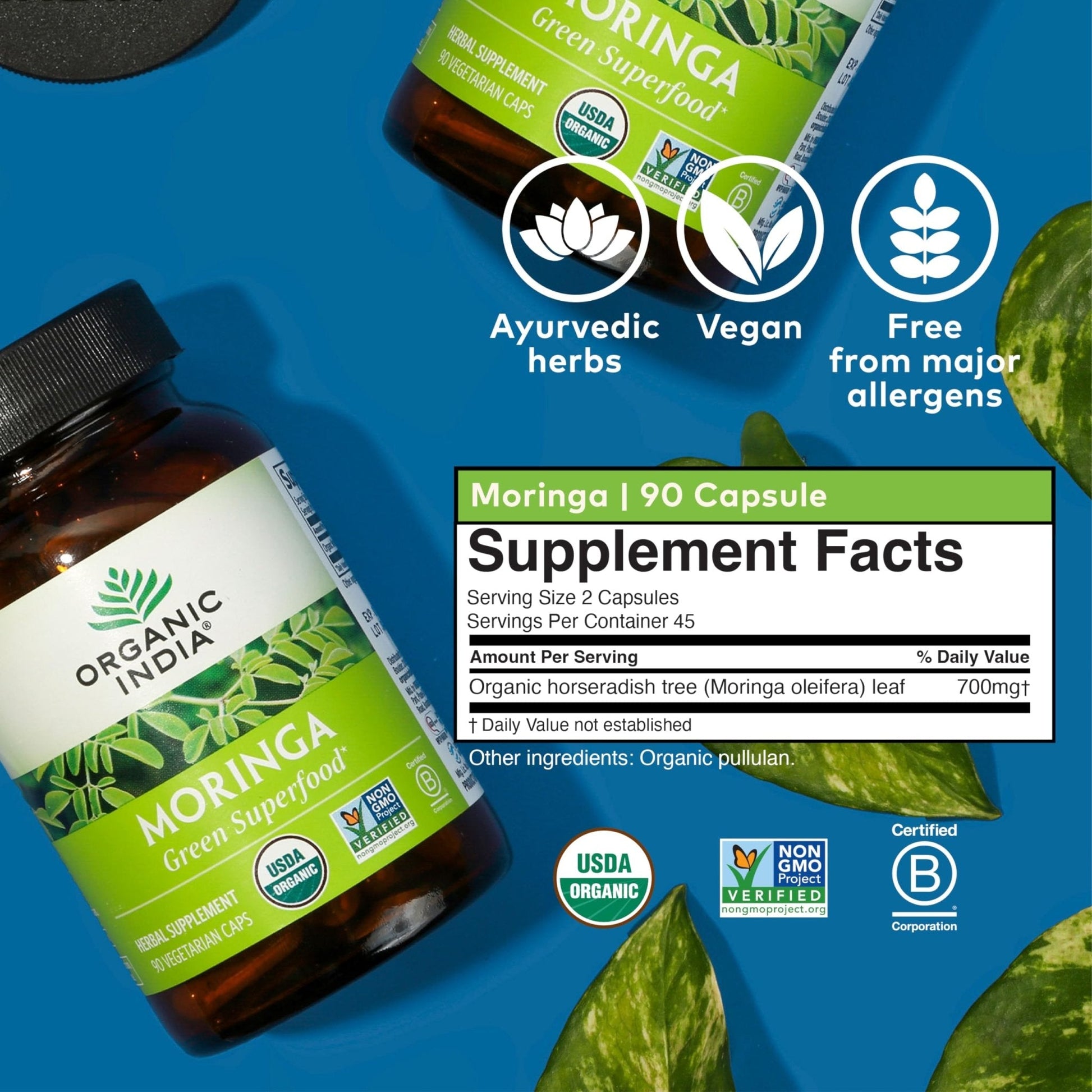 ORGANIC INDIA Moringa Herbal Supplement - Green Superfood, Nutrient Dense, Pure Plant Protein, Vitamin A, E, K, Iron, Calcium, Fiber, Vegan - Maple Wellness Supplements