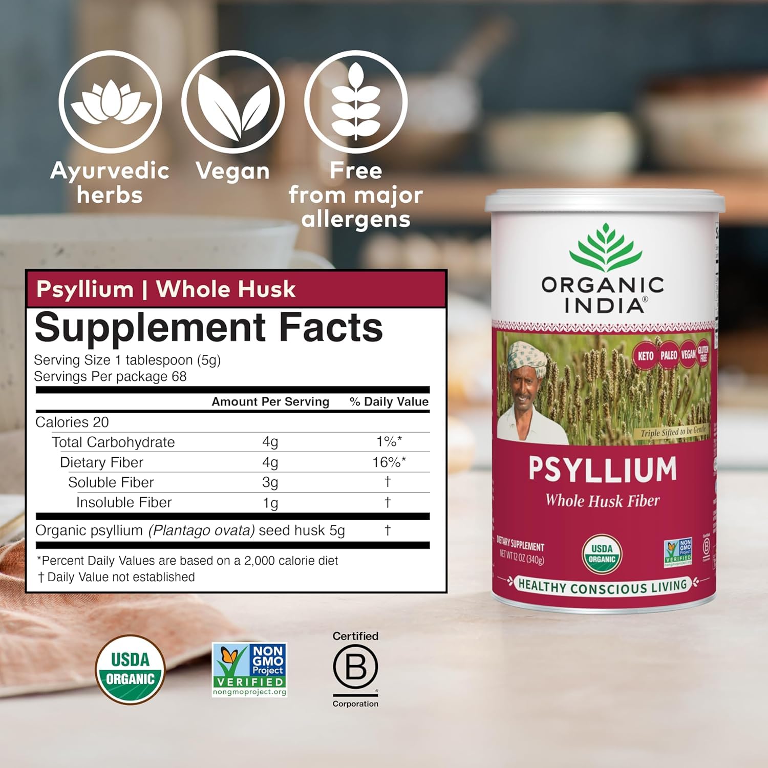 ORGANIC INDIA Psyllium Herbal Powder - Whole Husk Fiber, Vegan, Gluten-Free, USDA Certified Organic, Non-GM - Maple Wellness Supplements