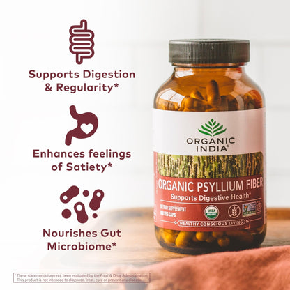 ORGANIC INDIA Psyllium Husk Capsules - Fiber Supplement, Healthy Elimination - Vegan, Keto Friendly, Gluten-Free, USDA Certified Organic, Non-GMO - Maple Wellness Supplements