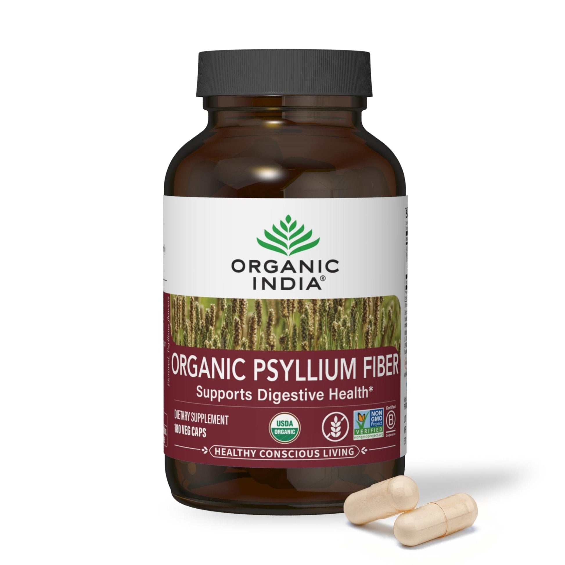 ORGANIC INDIA Psyllium Husk Capsules - Fiber Supplement, Healthy Elimination - Vegan, Keto Friendly, Gluten-Free, USDA Certified Organic, Non-GMO - Maple Wellness Supplements