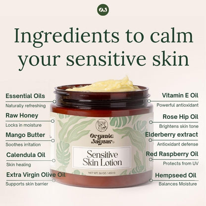 Organic Jaguar Natural Body Lotion for Sensitive Skin, Scent Free, Sulfate & Paraben Free Body Care, Moisturizer With Essential Oils, Vitamin E Oil, Beeswax, Extra Virgin Olive Oil, Raw Honey, 8 oz - Maple Wellness Supplements
