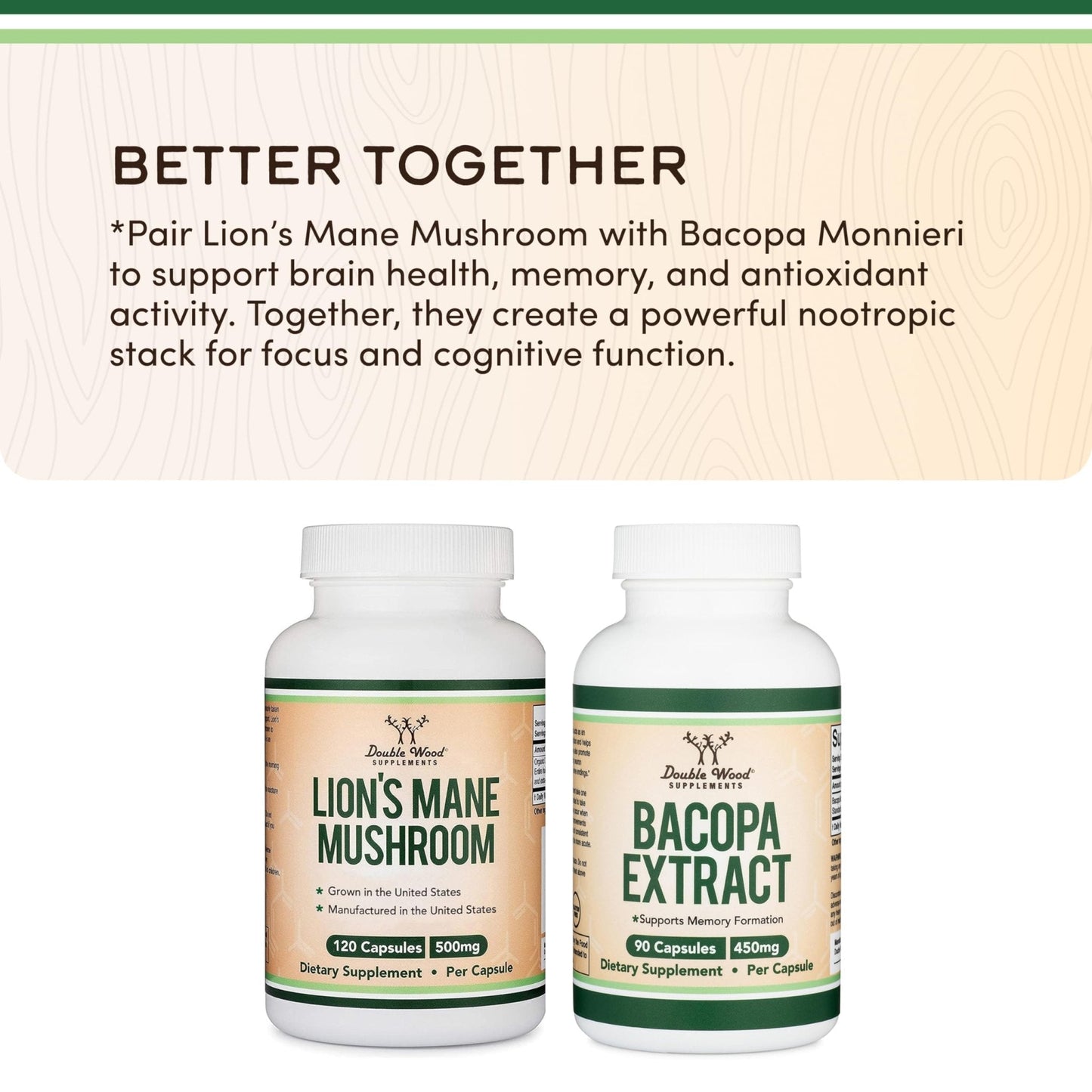 Organic Lions Mane Mushroom Capsules (120 Count), for Focus Support and Immune Health, Third Party Tested and Grown in The USA - by Double Wood - Maple Wellness Supplements