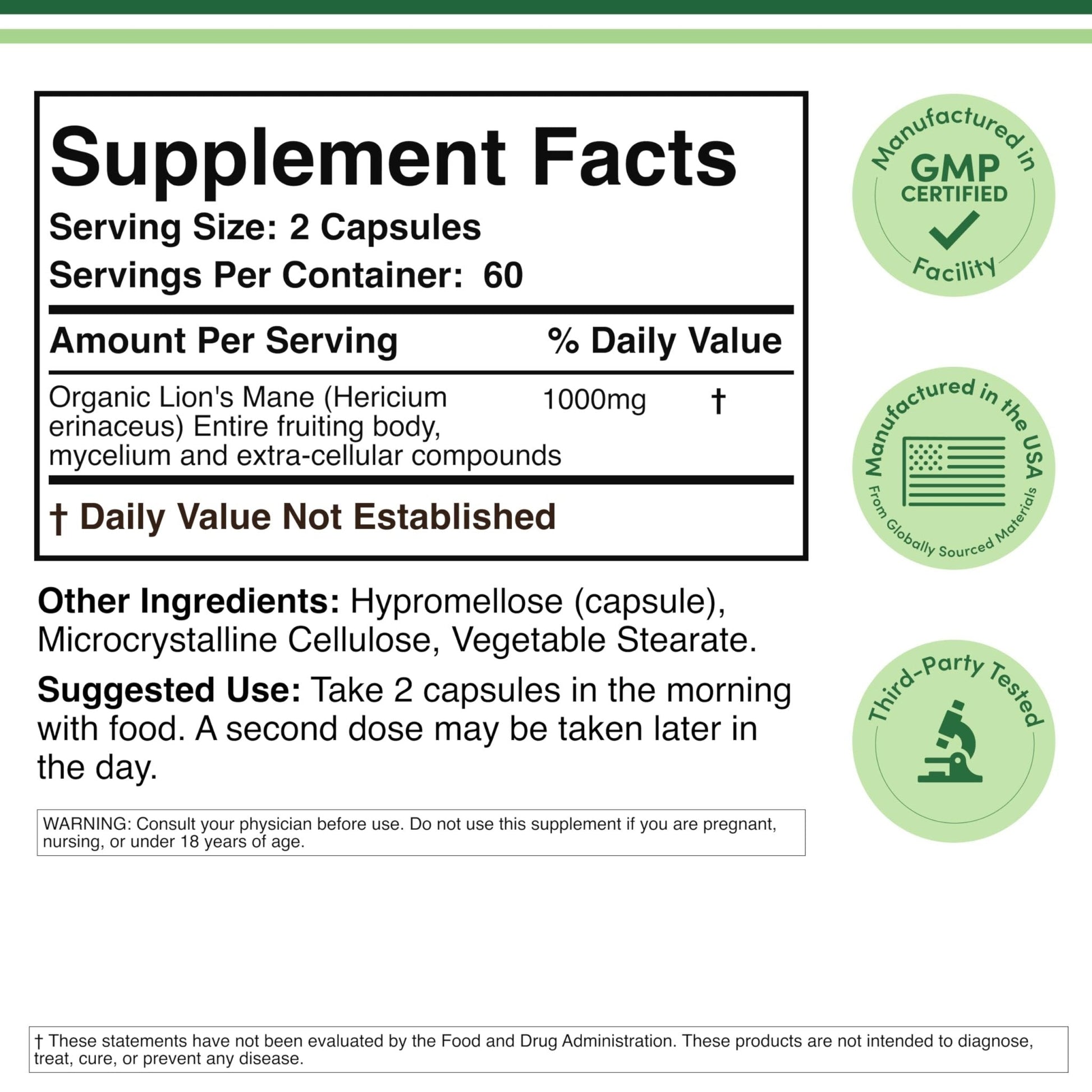 Organic Lions Mane Mushroom Capsules (120 Count), for Focus Support and Immune Health, Third Party Tested and Grown in The USA - by Double Wood - Maple Wellness Supplements