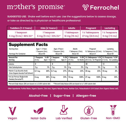 Organic Liquid Iron Supplement for Women, Men & Kids with Vitamin C | Sugar Free Natural Berry Flavor Non Constipating Vegan Ferrochel - Maple Wellness Supplements
