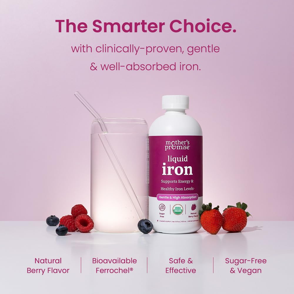 Organic Liquid Iron Supplement for Women, Men & Kids with Vitamin C | Sugar Free Natural Berry Flavor Non Constipating Vegan Ferrochel - Maple Wellness Supplements