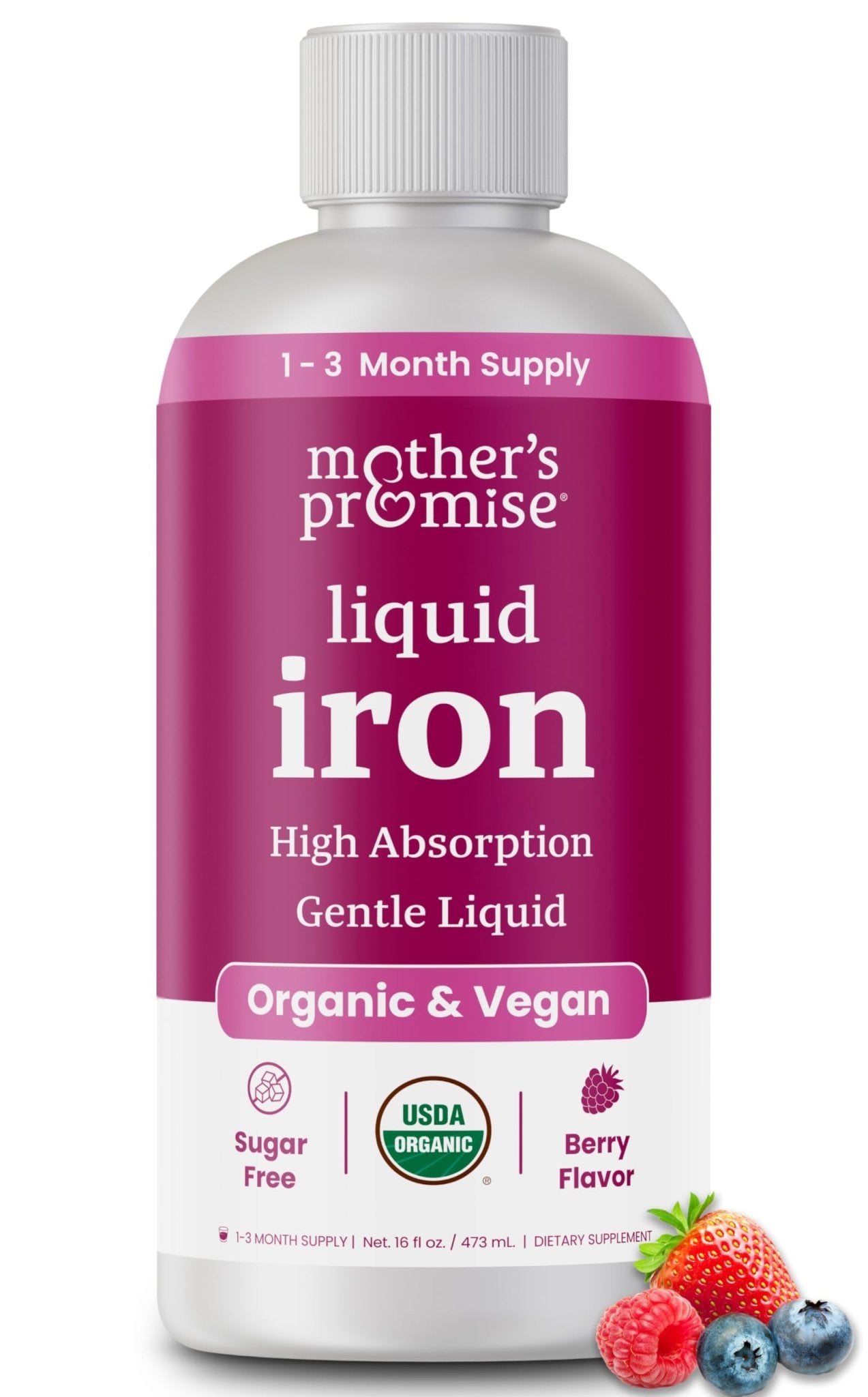 Organic Liquid Iron Supplement for Women, Men & Kids with Vitamin C | Sugar Free Natural Berry Flavor Non Constipating Vegan Ferrochel - Maple Wellness Supplements