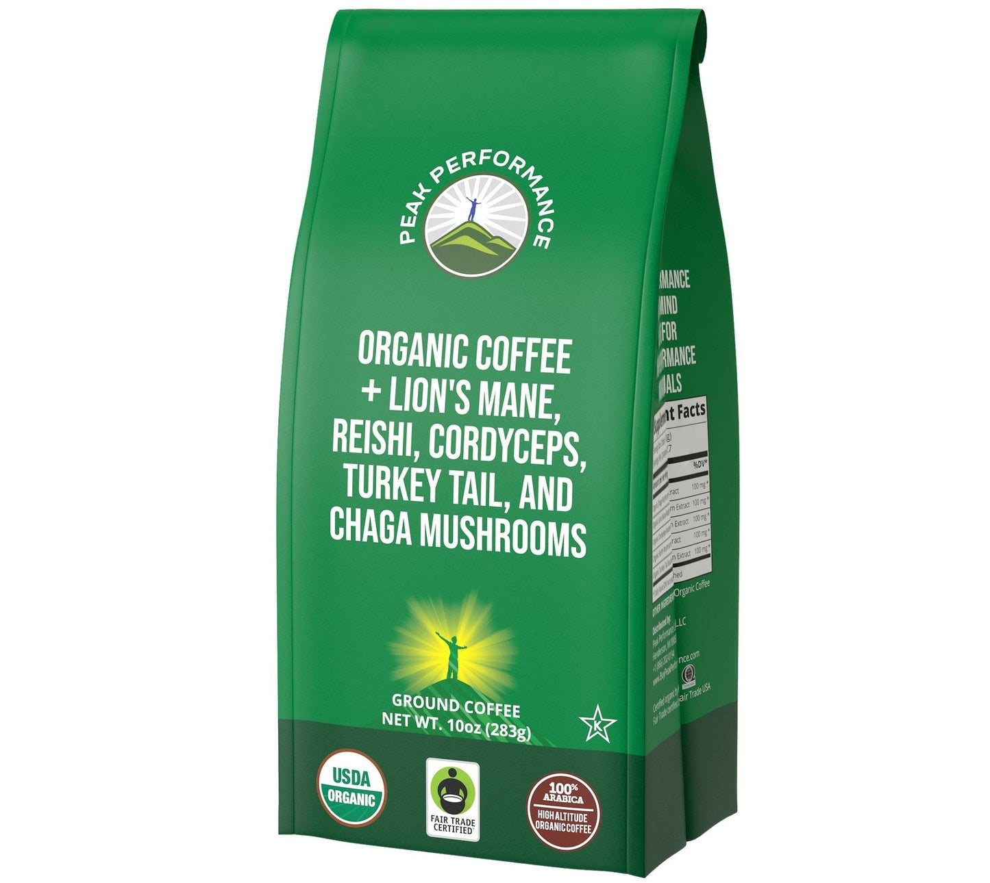 Organic Low Acid Mushroom Coffee with Lion's Mane, Reishi, Cordyceps, Turkey Tail, and Chaga Mushrooms - Great Tasting Premium High Altitude Medium Roast Ground Bags 10 oz by Peak Performance - Maple Wellness Supplements