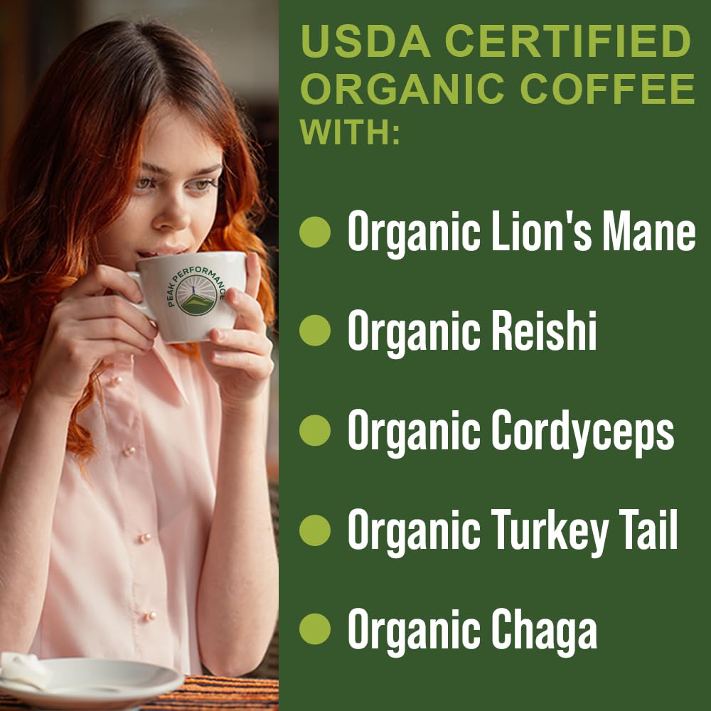 Organic Low Acid Mushroom Coffee with Lion's Mane, Reishi, Cordyceps, Turkey Tail, and Chaga Mushrooms - Great Tasting Premium High Altitude Medium Roast Ground Bags 10 oz by Peak Performance - Maple Wellness Supplements