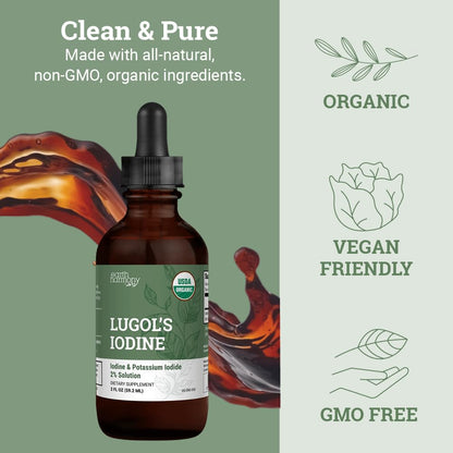 Organic Lugol's Iodine, Iodine and Potassium Iodide 2% Solution 3000 mcg - Liquid Supplement Drops for Thyroid Support for Women & Men, Metabolism Health - Maple Wellness Supplements