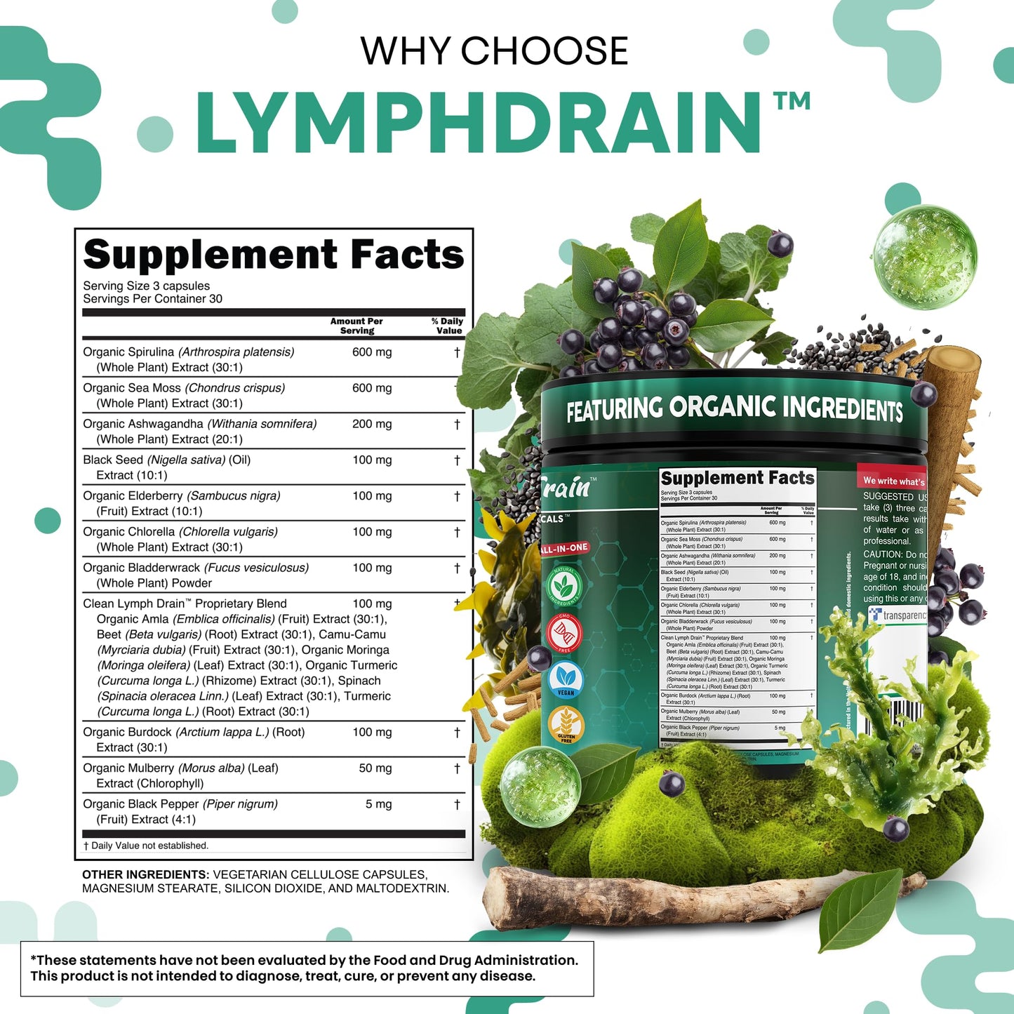 Organic Lymphatic Drainage Supplements | Elderberry Bladderwrack Burdock Root Black Seed Oil Spirulina Sea Moss Ashwagandha Chlorella Amla Beet Moringa Chlorophyll Lymph System Capsules By Clean Nutra - Maple Wellness Supplements