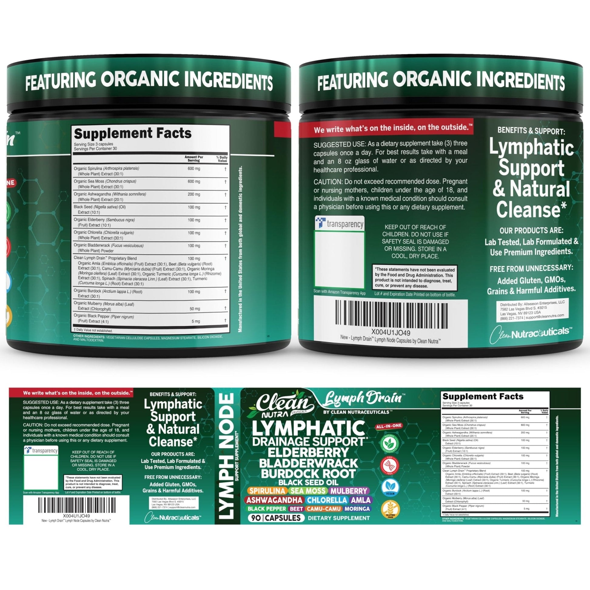 Organic Lymphatic Drainage Supplements | Elderberry Bladderwrack Burdock Root Black Seed Oil Spirulina Sea Moss Ashwagandha Chlorella Amla Beet Moringa Chlorophyll Lymph System Capsules By Clean Nutra - Maple Wellness Supplements