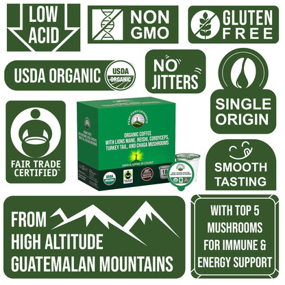 Organic Mushroom Coffee Pods with Lion's Mane, Reishi, Cordyceps, Turkey Tail, and Chaga Mushrooms. High Altitude, Low Acid, Smooth Tasting, Fair Trade, Instant Nootropic Coffee (Medium Roast Ground) - Maple Wellness Supplements