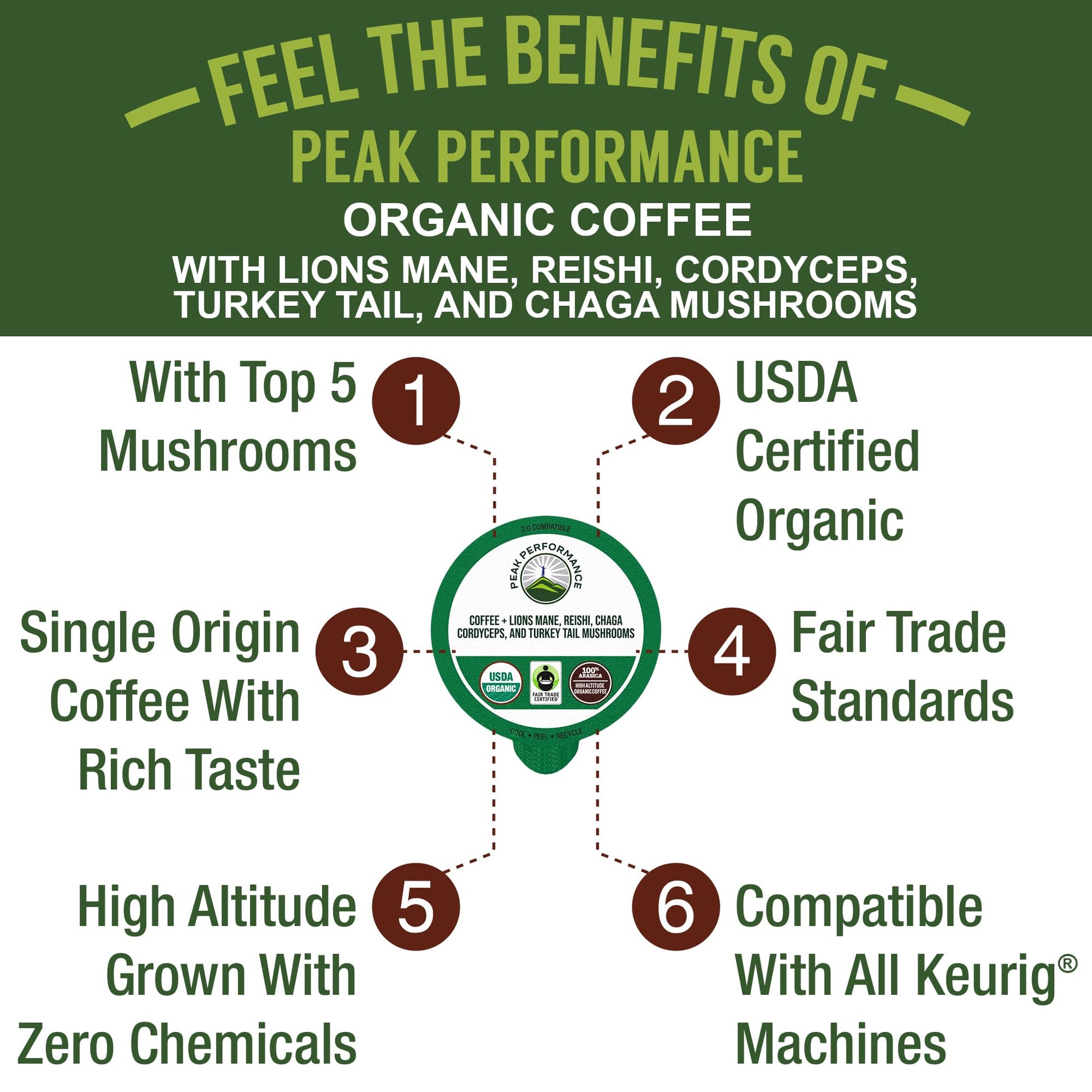 Organic Mushroom Coffee Pods with Lion's Mane, Reishi, Cordyceps, Turkey Tail, and Chaga Mushrooms. High Altitude, Low Acid, Smooth Tasting, Fair Trade, Instant Nootropic Coffee (Medium Roast Ground) - Maple Wellness Supplements