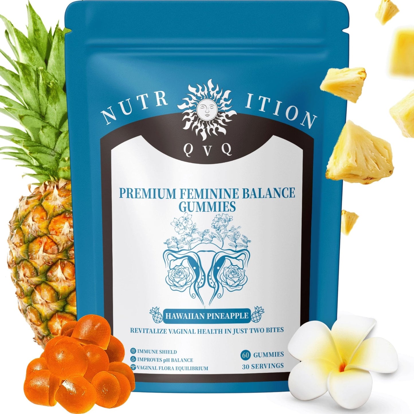 Organic Natural Sourcing Premium Feminine PH Balance Gummies for Women's Health, Immune Support, Hawaiian Pineapple Flavor Gluten-Free, Vegan Premium Feminine Balance Gummies For women-60 Prebiotics - Maple Wellness Supplements