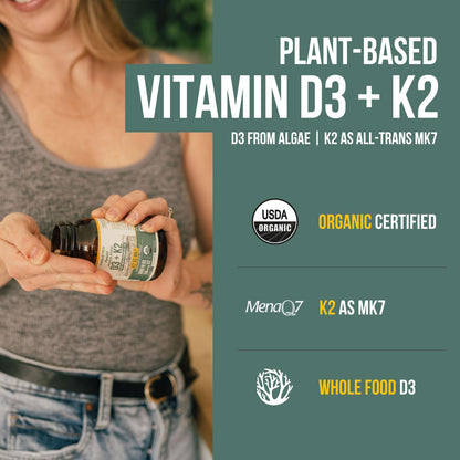 Organic Plant D3 + K2 | 5000 iu D3 + 120 mcg K2 as All-Trans MK7 from MenaQ7® - 100% Whole Food, Raw & Vegan | Enhanced Digestion with Prebiotic - Maple Wellness Supplements