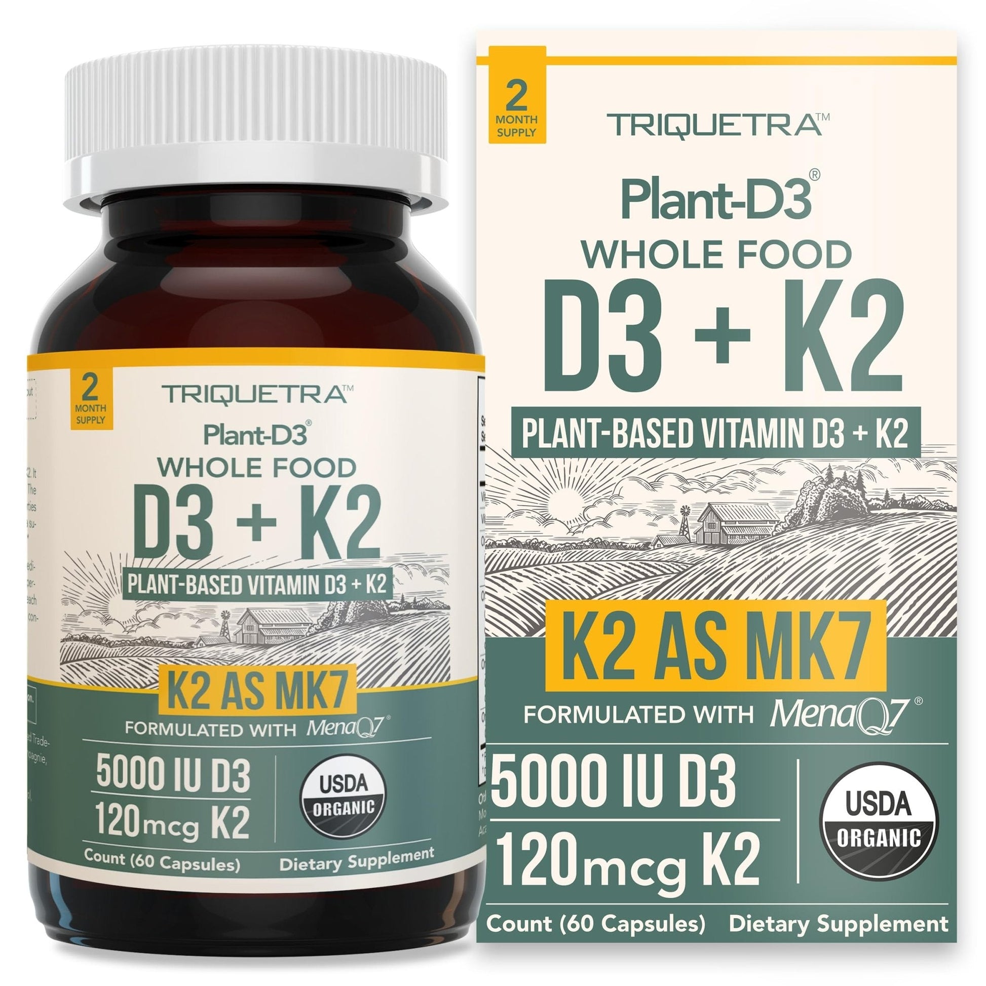 Organic Plant D3 + K2 | 5000 iu D3 + 120 mcg K2 as All-Trans MK7 from MenaQ7® - 100% Whole Food, Raw & Vegan | Enhanced Digestion with Prebiotic - Maple Wellness Supplements