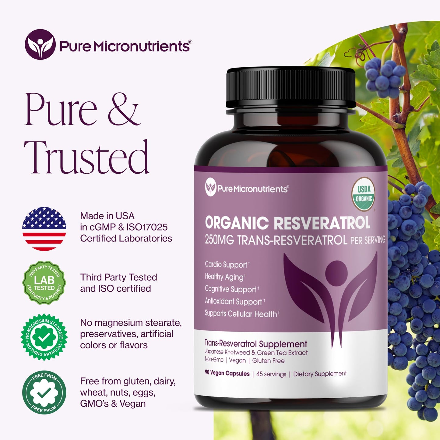 Organic Resveratrol Supplement – Trans-Resveratrol Capsules with Green Tea – Highly Purified & Bioavailable - Maple Wellness Supplements