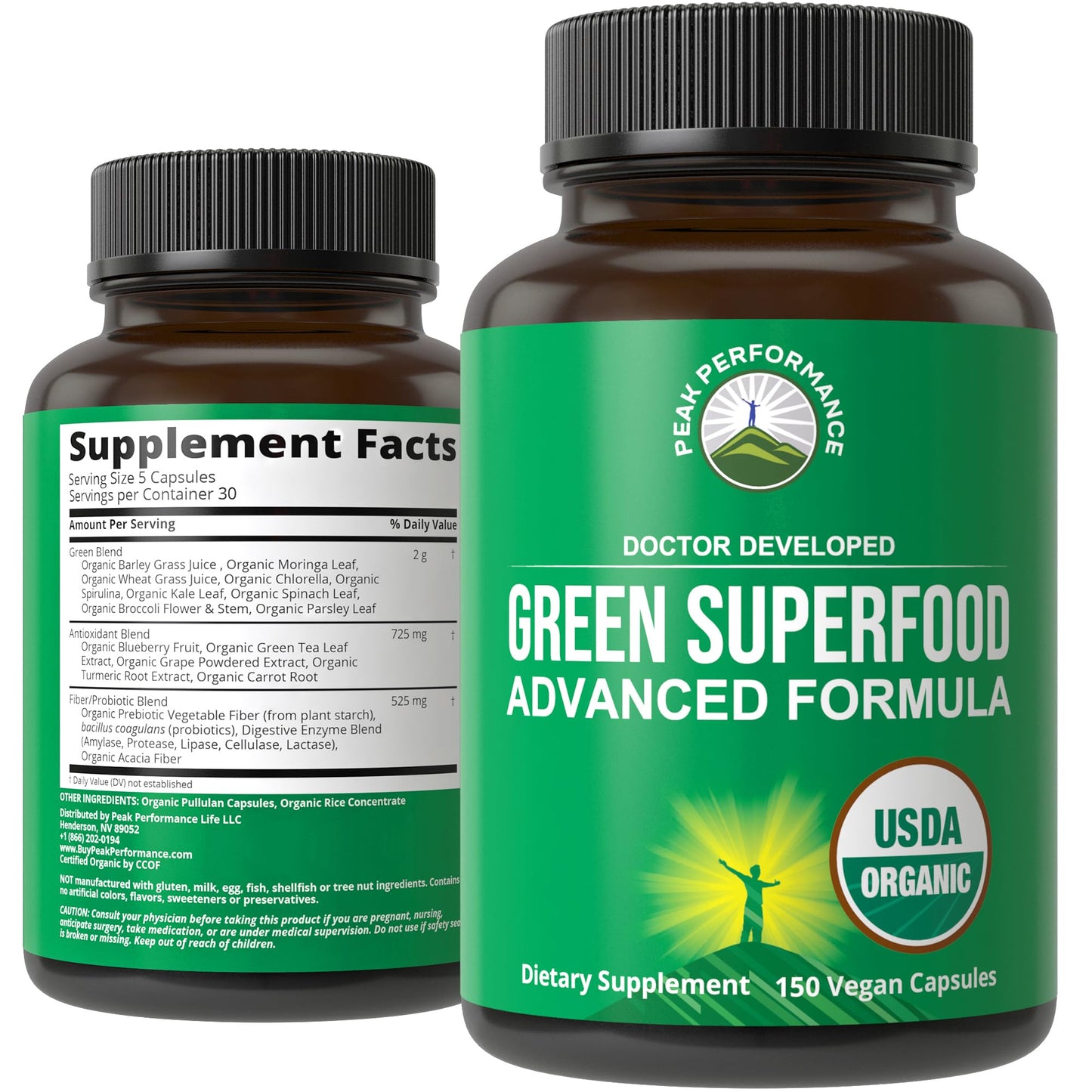 Organic Super Greens 150 Capsules - Green Juice Superfood Supplement with 25 All Natural Organic Ingredients. Max Energy and Detox Super Food Pills with Spirulina, Spinach, Kale, Turmeric, Probiotics - Maple Wellness Supplements