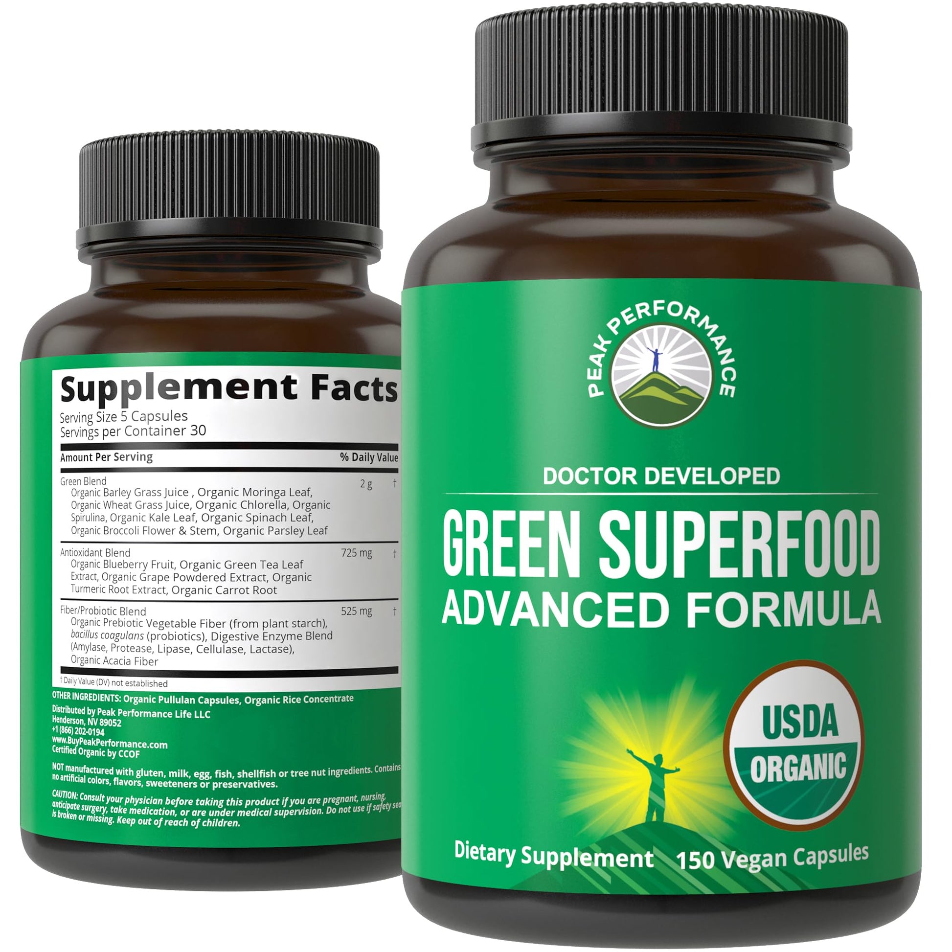 Organic Super Greens 150 Capsules - Green Juice Superfood Supplement with 25 All Natural Organic Ingredients. Max Energy and Detox Super Food Pills with Spirulina, Spinach, Kale, Turmeric, Probiotics - Maple Wellness Supplements