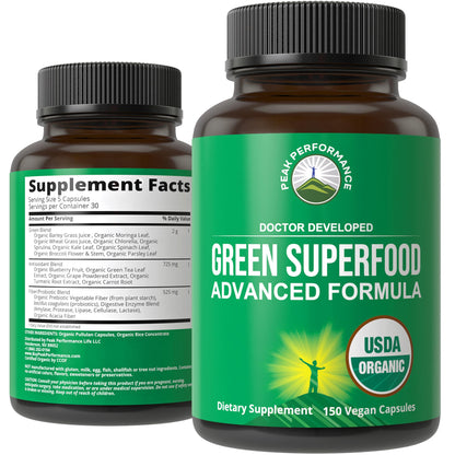 Organic Super Greens 150 Capsules - Green Juice Superfood Supplement with 25 All Natural Organic Ingredients. Max Energy and Detox Super Food Pills with Spirulina, Spinach, Kale, Turmeric, Probiotics - Maple Wellness Supplements