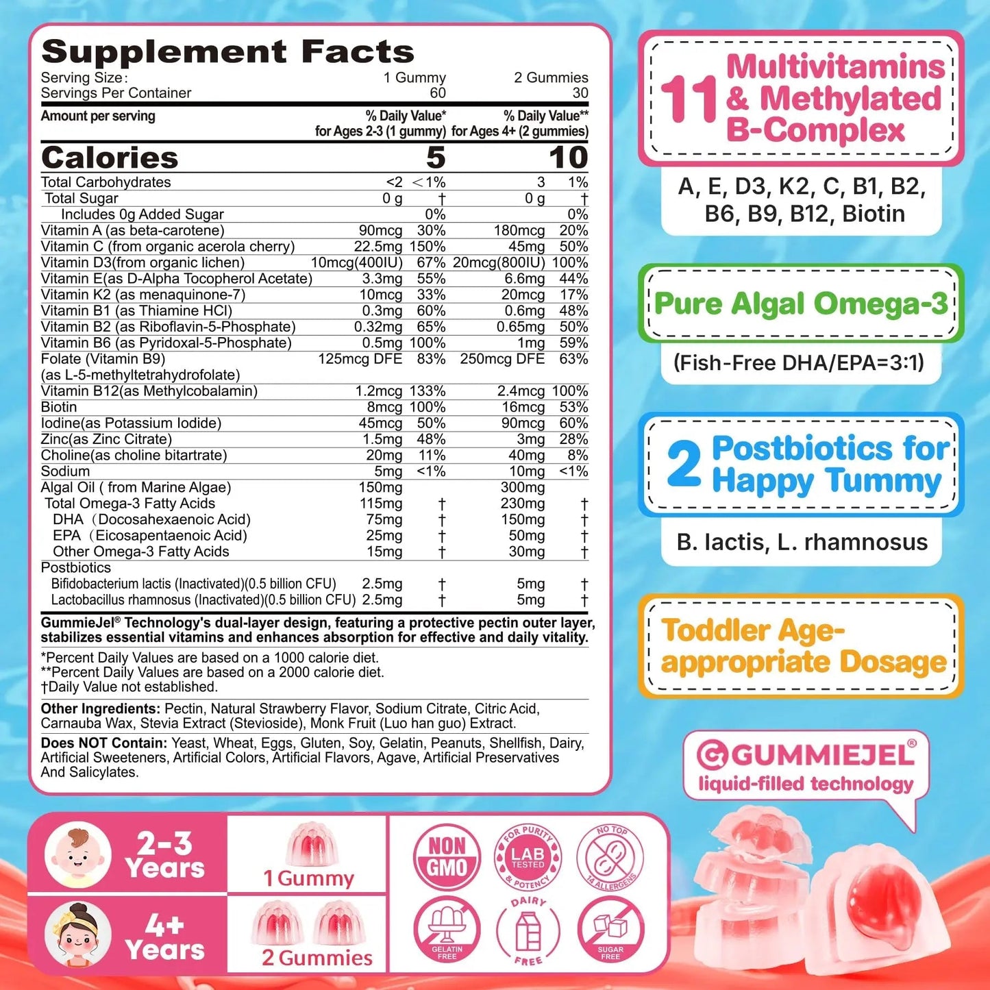 Organic Toddler Multivitamin Gummies + Omega-3 (DHA/EPA), Postbiotics | kids 2+ multivitamin | Vitamins A C D3 Methyl B12 Folate Zinc - Maple Wellness Supplements